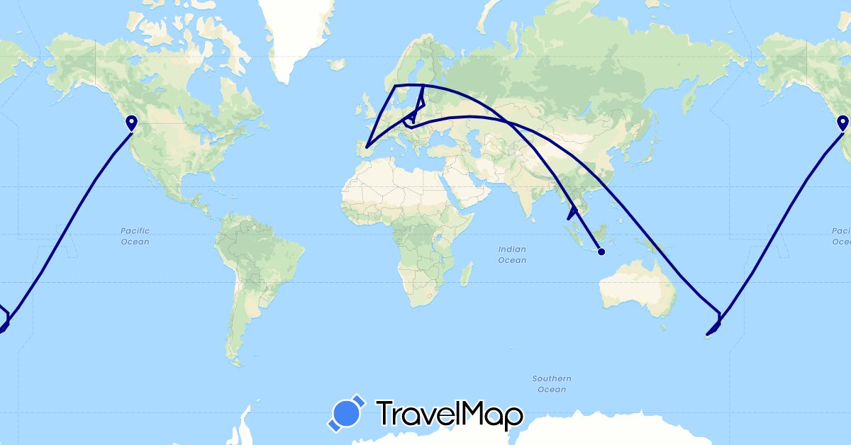 TravelMap itinerary: driving in Austria, Czech Republic, Estonia, Spain, Finland, Hungary, Indonesia, Lithuania, Latvia, Norway, New Zealand, Poland, Thailand, United States (Asia, Europe, North America, Oceania)